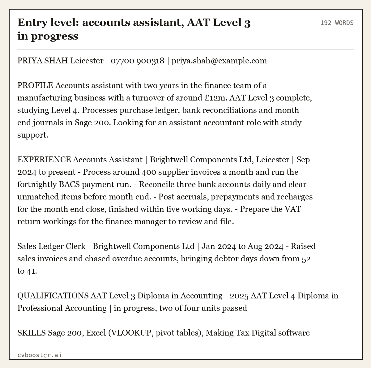 Complete Entry level: accounts assistant, AAT Level 3 in progress example, 192 words, laid out as it would sit in the application form