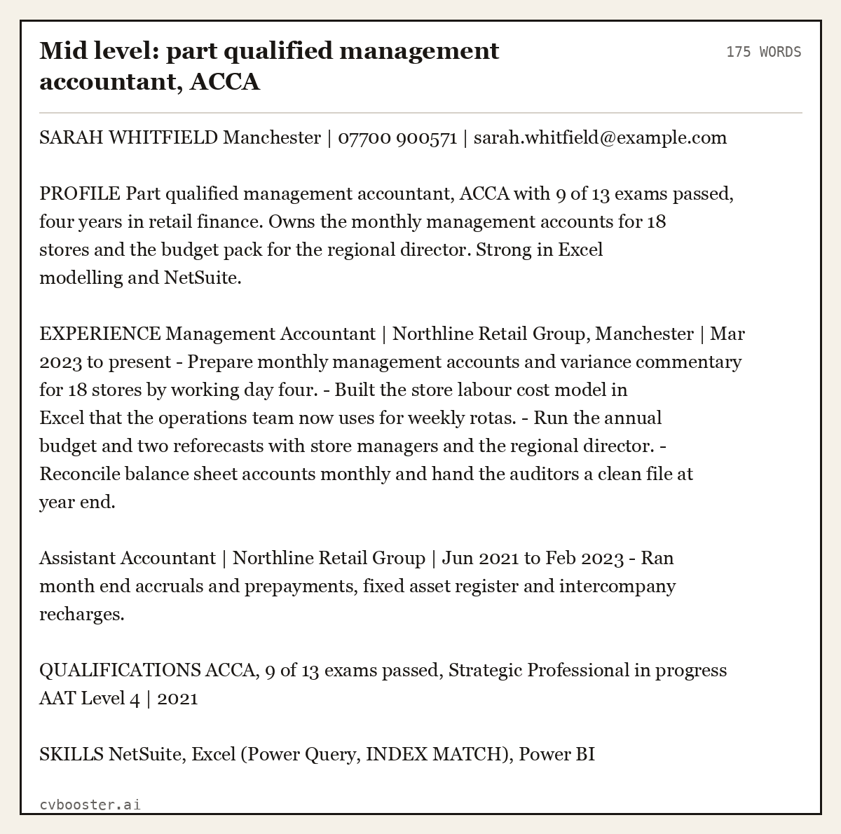Complete Mid level: part qualified management accountant, ACCA example, 175 words, laid out as it would sit in the application form