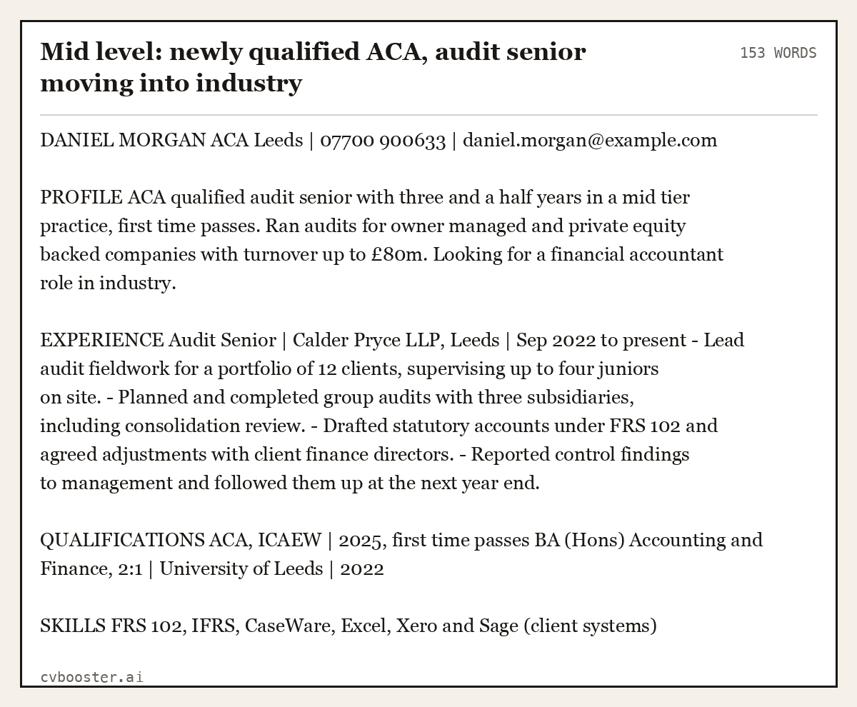 Complete Mid level: newly qualified ACA, audit senior moving into industry example, 153 words, laid out as it would sit in the application form