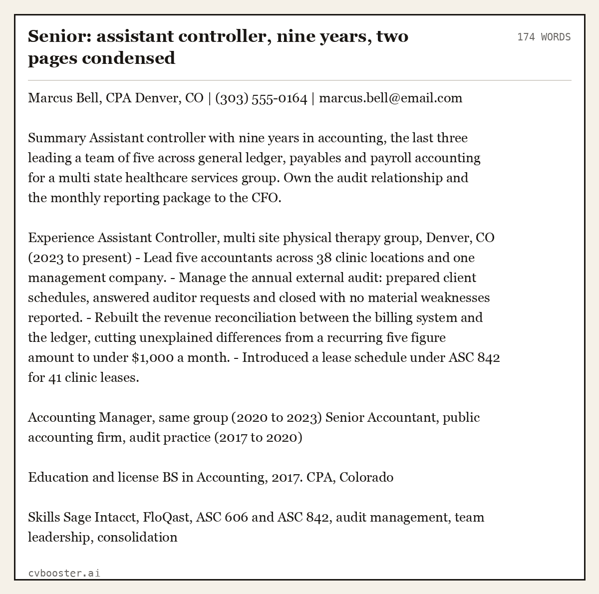 Complete Senior: assistant controller, nine years, two pages condensed example, 174 words, laid out as it would sit in the application form