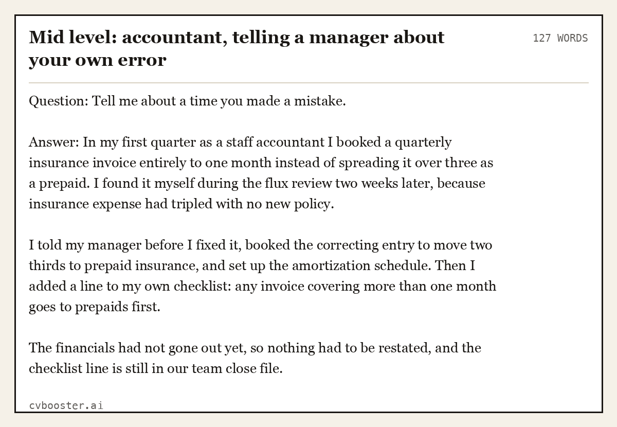 Complete Mid level: accountant, telling a manager about your own error example, 127 words, laid out as it would sit in the application form