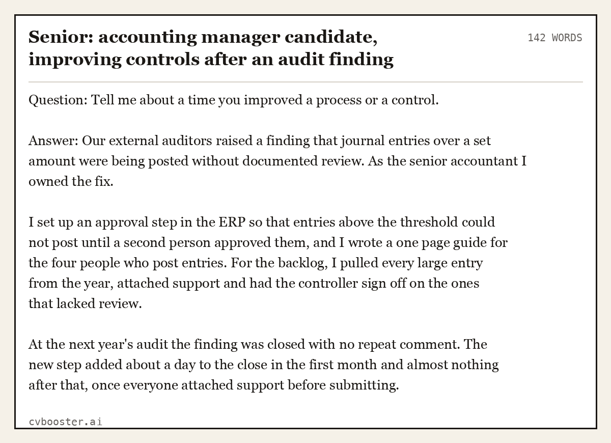 Complete Senior: accounting manager candidate, improving controls after an audit finding example, 142 words, laid out as it would sit in the application form