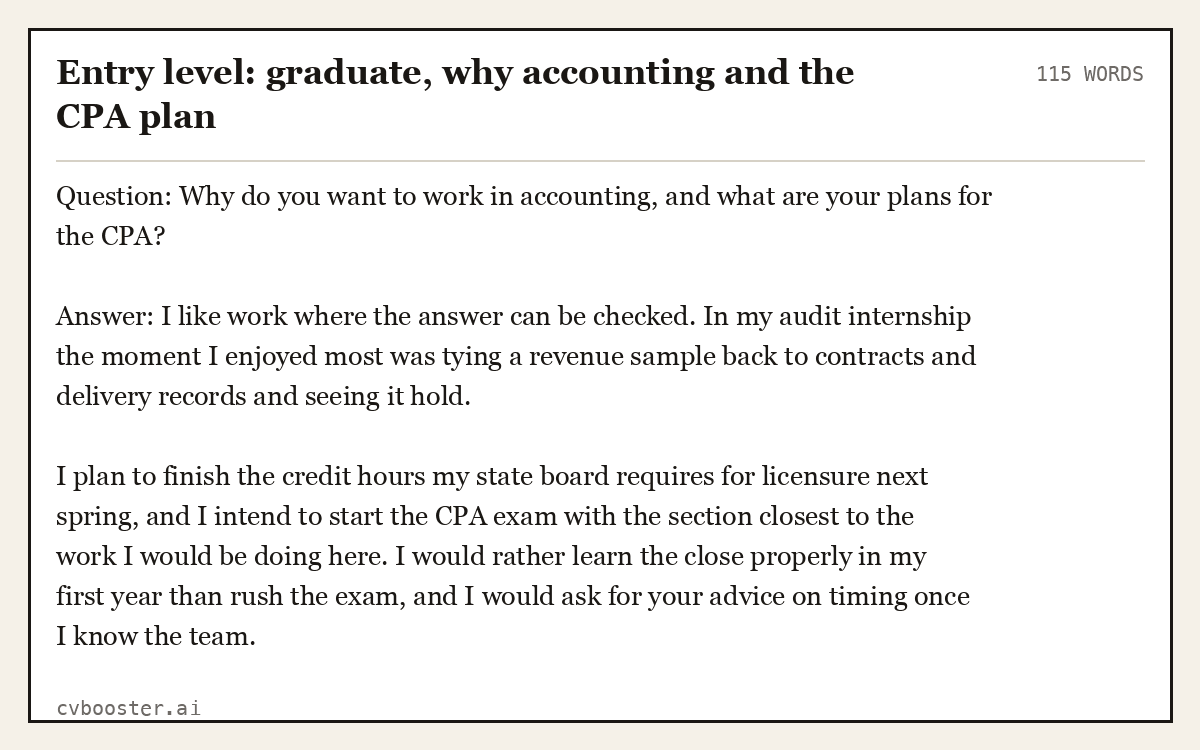 Complete Entry level: graduate, why accounting and the CPA plan example, 115 words, laid out as it would sit in the application form