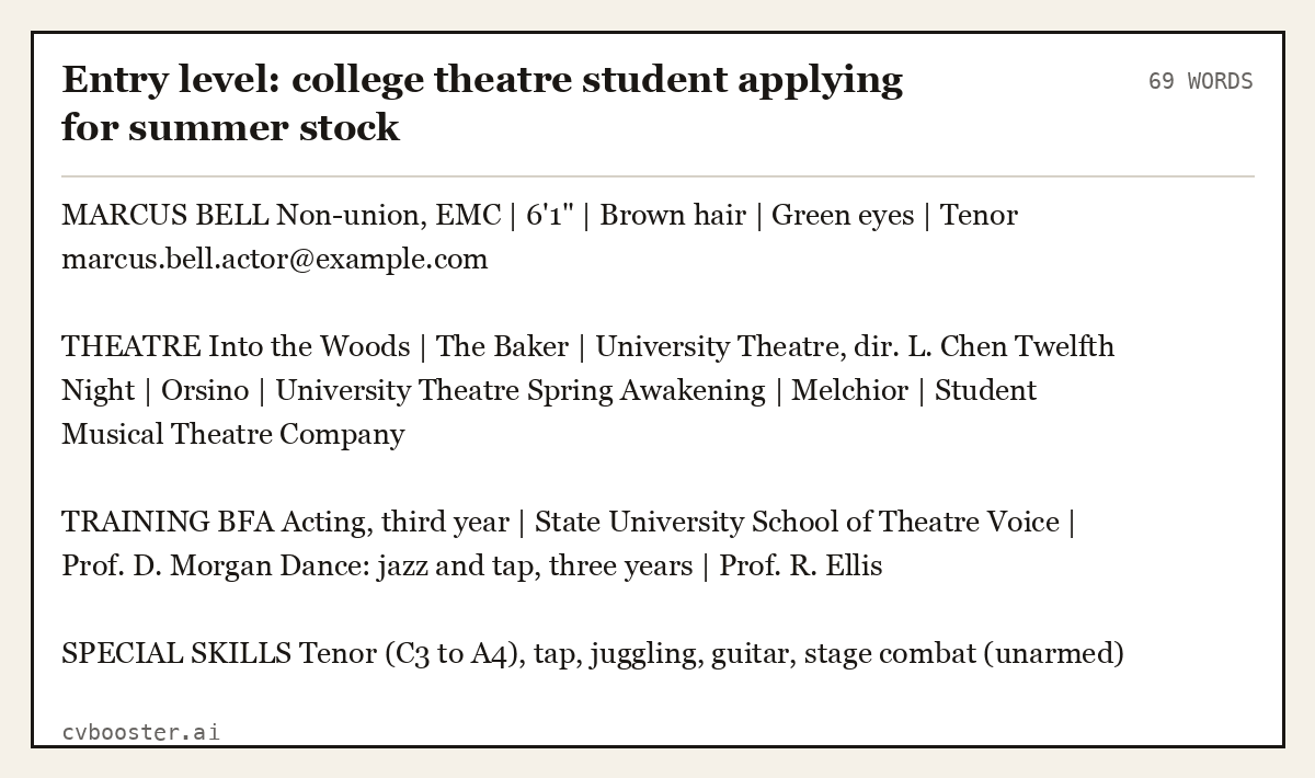Entry level: college theatre student applying for summer stock, complete text example, 69 words