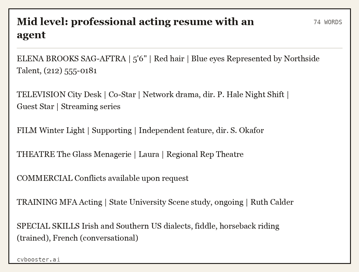 Mid level: professional acting resume with an agent, complete text example, 74 words