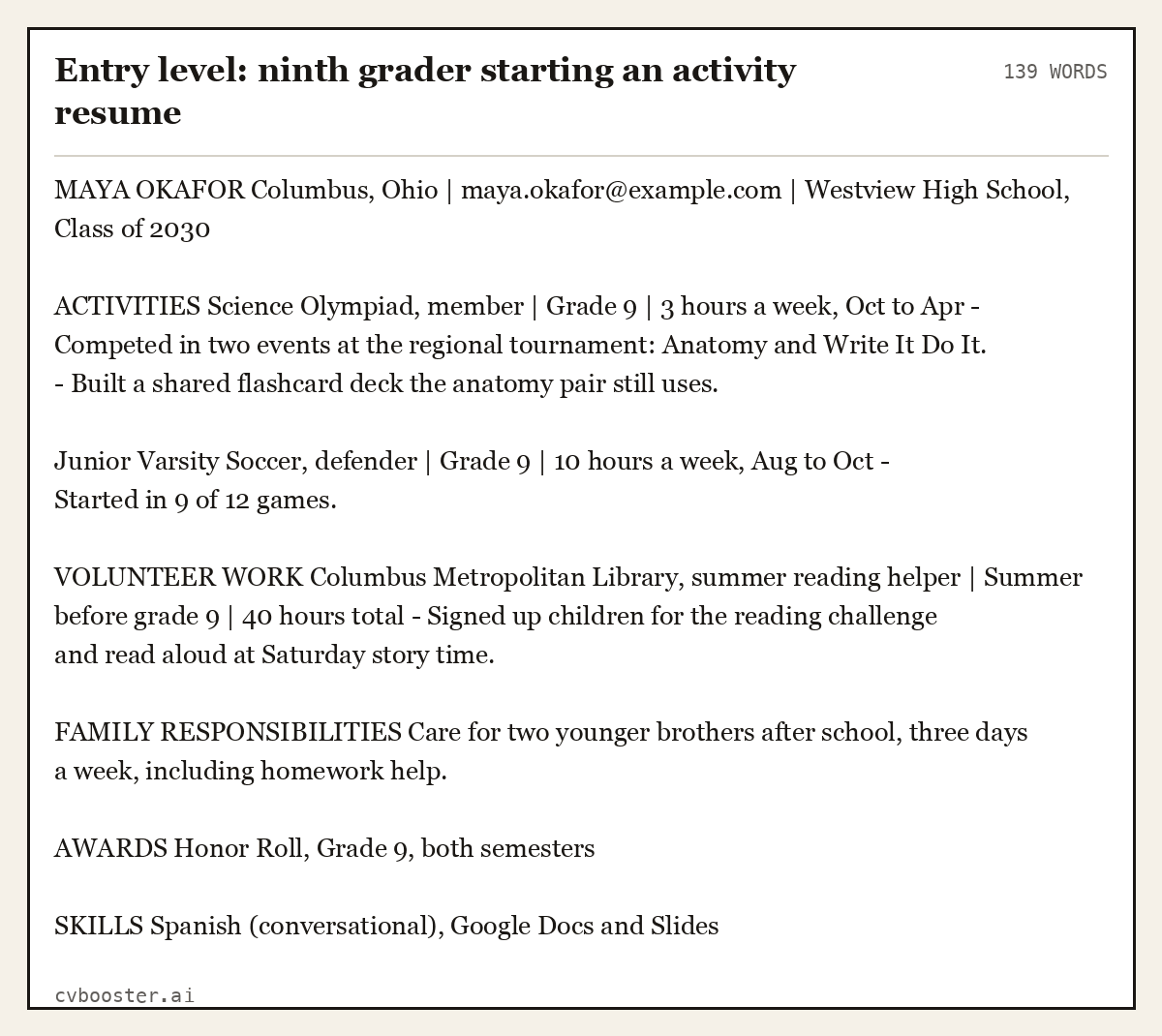 Complete Entry level: ninth grader starting an activity resume example, 139 words, laid out as it would sit in the application form