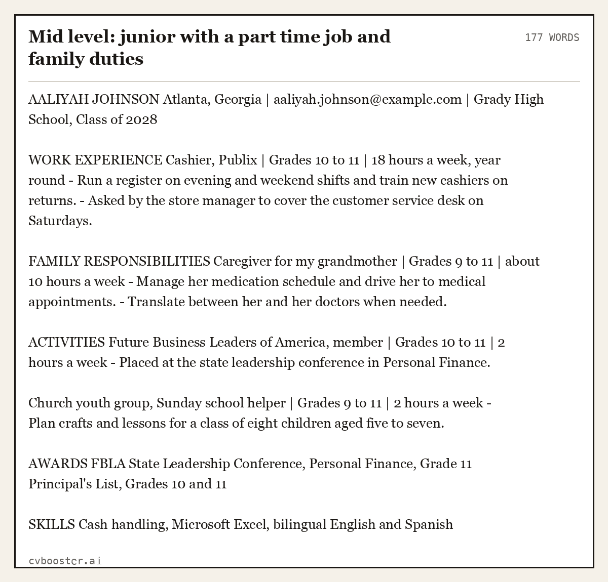 Complete Mid level: junior with a part time job and family duties example, 177 words, laid out as it would sit in the application form