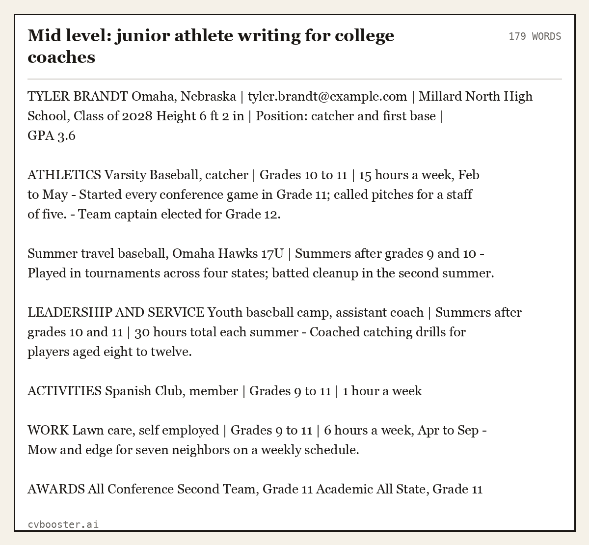 Complete Mid level: junior athlete writing for college coaches example, 179 words, laid out as it would sit in the application form