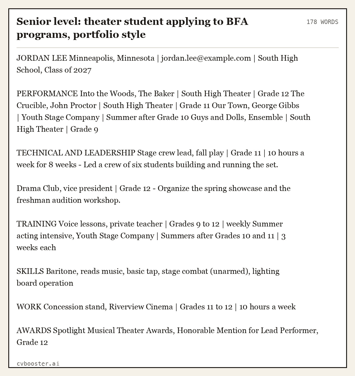 Complete Senior level: theater student applying to BFA programs, portfolio style example, 178 words, laid out as it would sit in the application form
