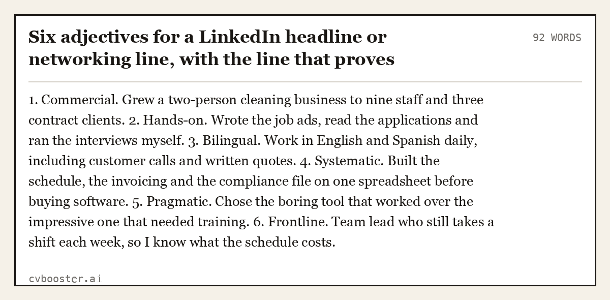 Complete Six adjectives for a LinkedIn headline or networking line, with the line that proves each example, 92 words, laid out as it would sit in the application form