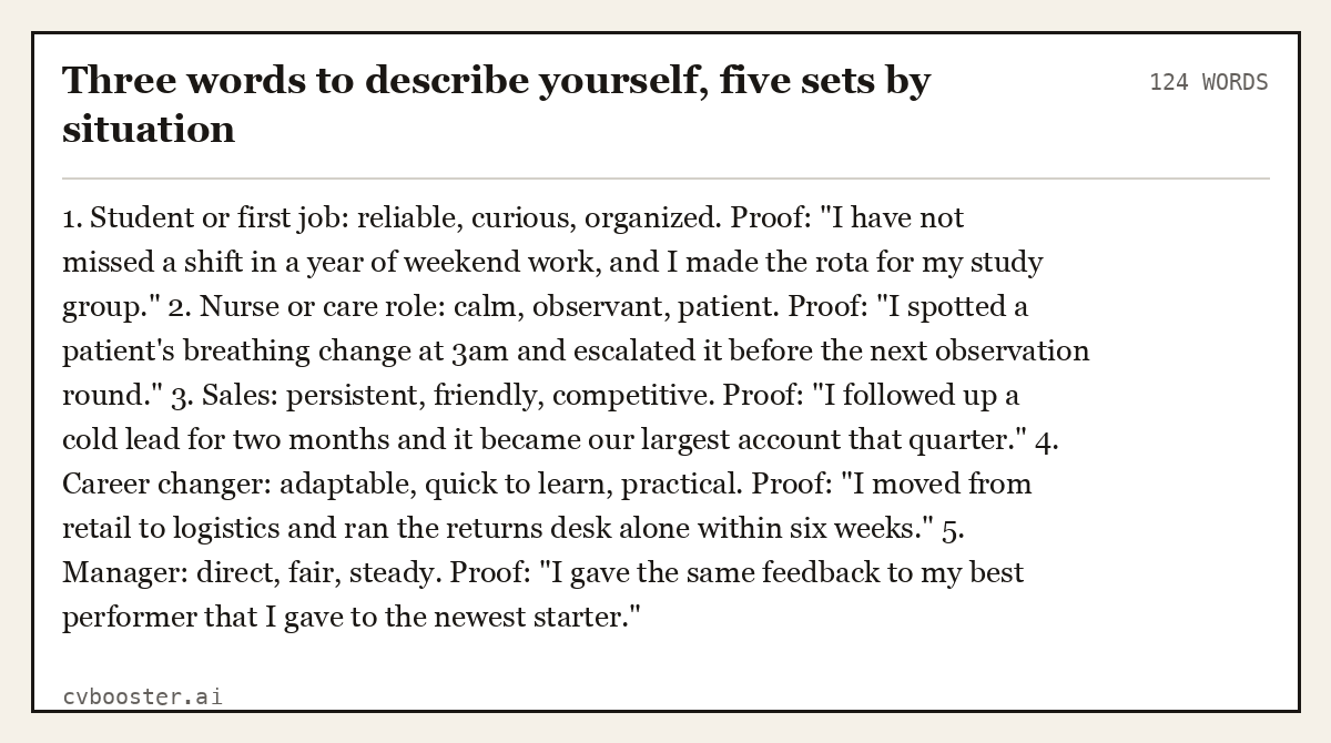 Complete Three words to describe yourself, five sets by situation example, 124 words, laid out as it would sit in the application form