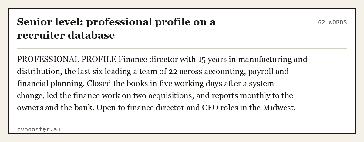 Complete Senior level: professional profile on a recruiter database example, 62 words, laid out as it would sit in the application form