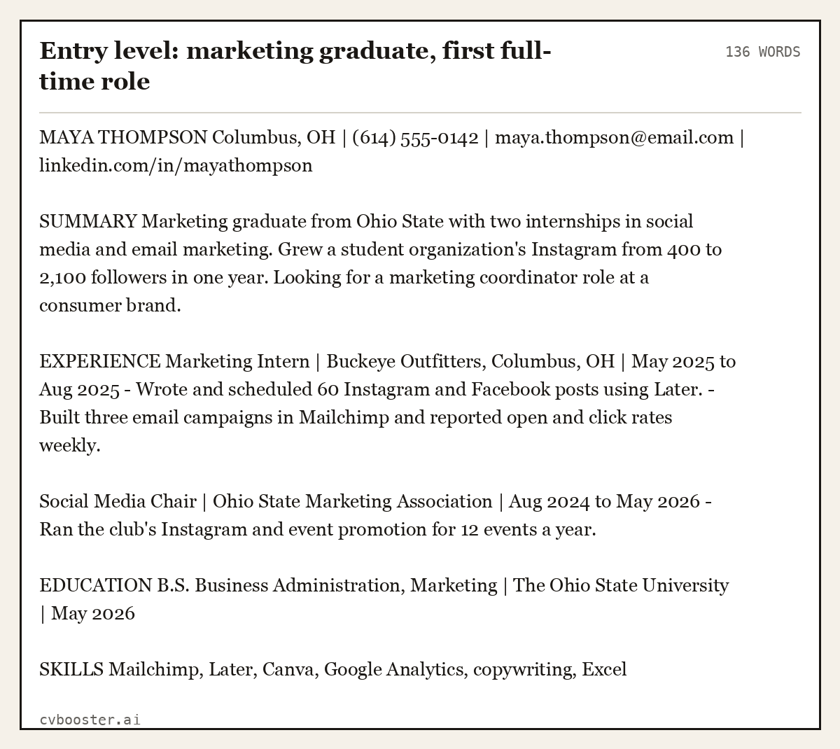 Complete Entry level: marketing graduate, first full-time role example, 136 words, laid out as it would sit in the application form