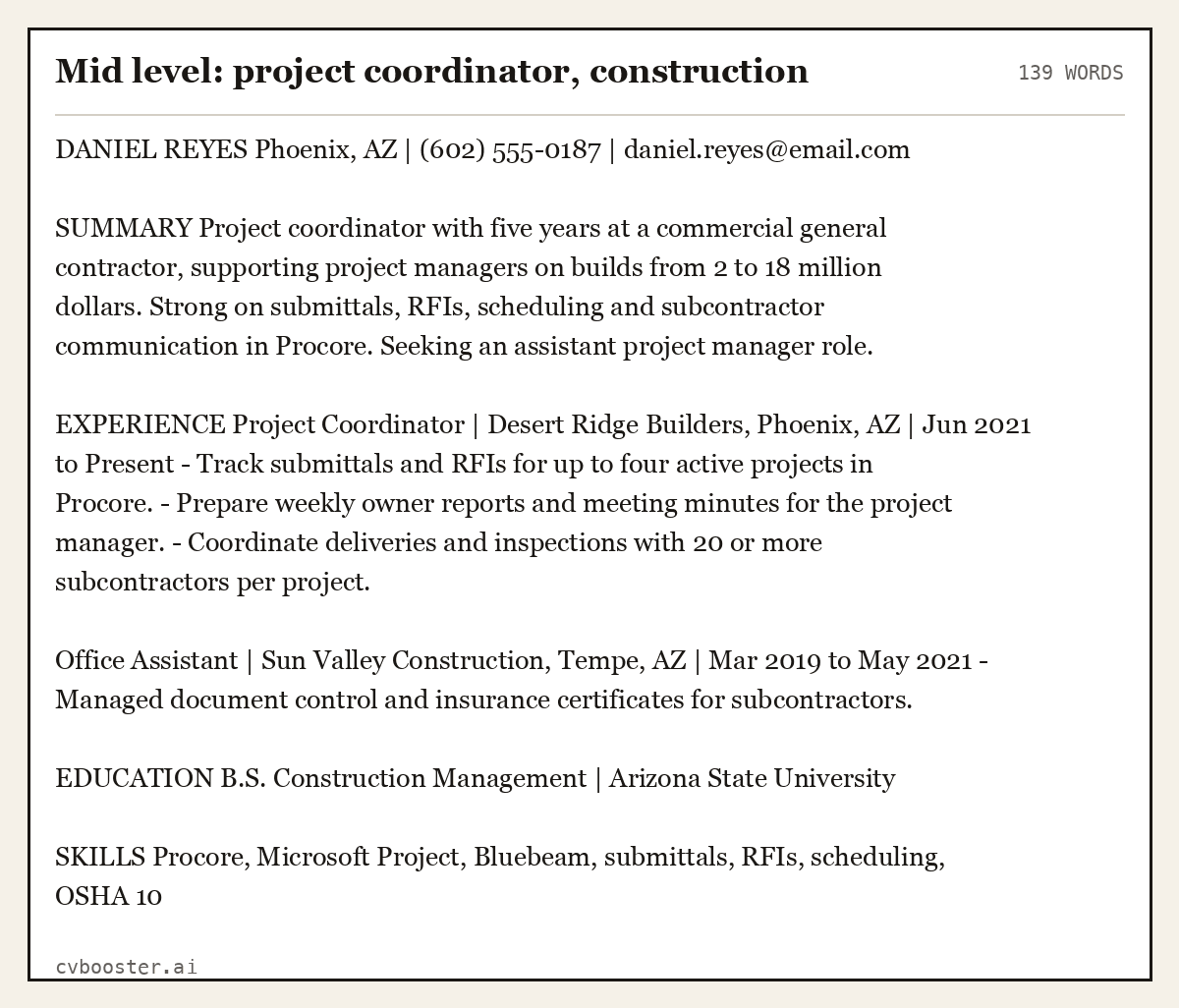 Complete Mid level: project coordinator, construction example, 139 words, laid out as it would sit in the application form