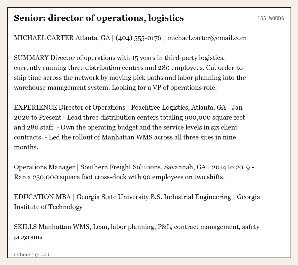 Complete Senior: director of operations, logistics example, 155 words, laid out as it would sit in the application form