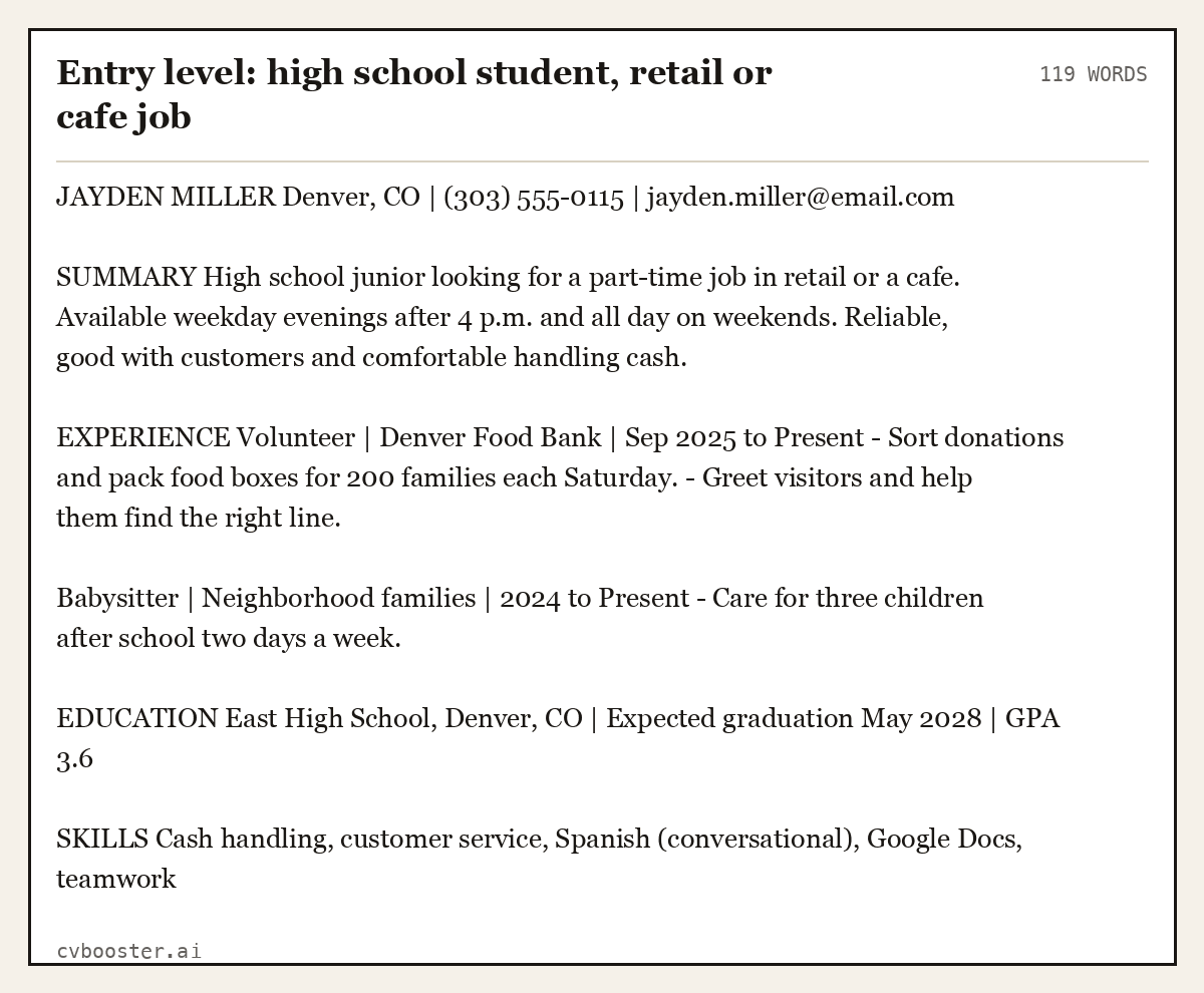 Complete Entry level: high school student, retail or cafe job example, 119 words, laid out as it would sit in the application form