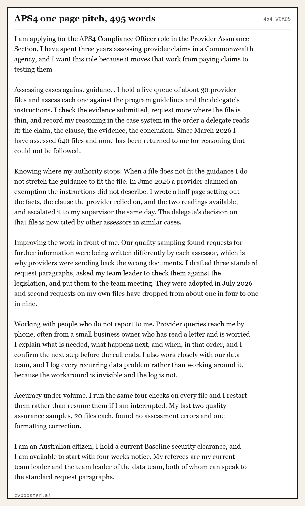 Complete APS4 one page pitch example, 454 words, laid out as it would sit in the application form