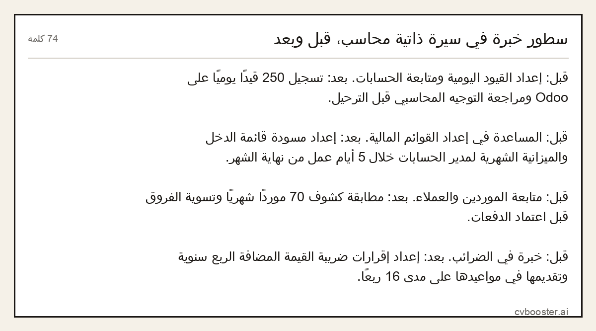 مثال كامل: سطور خبرة في سيرة ذاتية محاسب، قبل وبعد, 74 كلمة