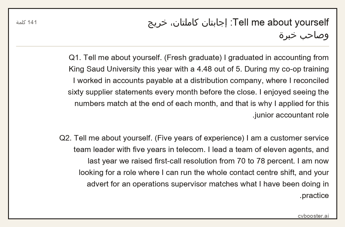 مثال كامل: Tell me about yourself: إجابتان كاملتان، خريج وصاحب خبرة, 141 كلمة