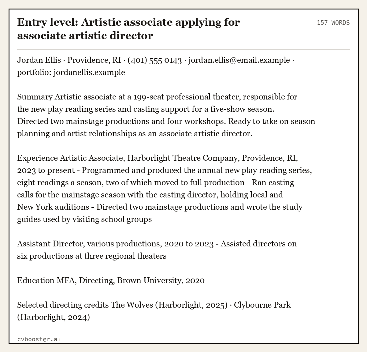Complete Entry level: Artistic associate applying for associate artistic director example, 157 words, laid out as it would sit in the application form