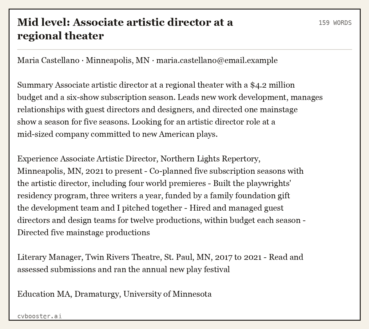 Complete Mid level: Associate artistic director at a regional theater example, 159 words, laid out as it would sit in the application form