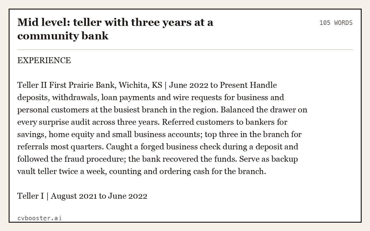 Complete Mid level: teller with three years at a community bank example, 105 words, laid out as it would sit in the application form