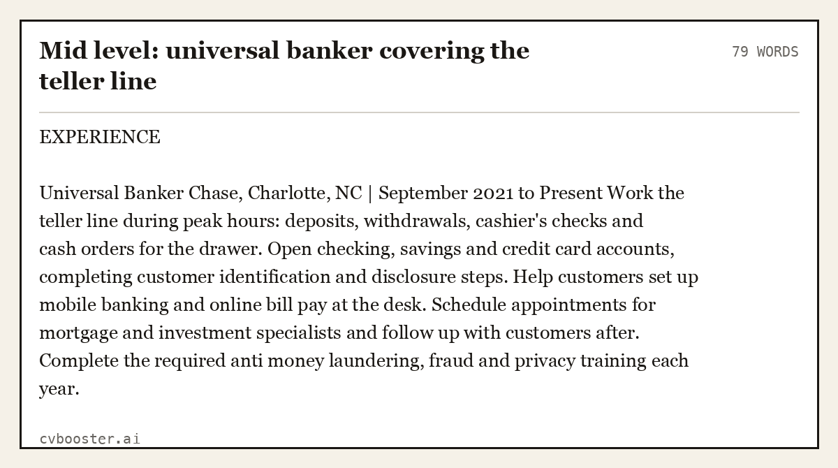 Complete Mid level: universal banker covering the teller line example, 79 words, laid out as it would sit in the application form