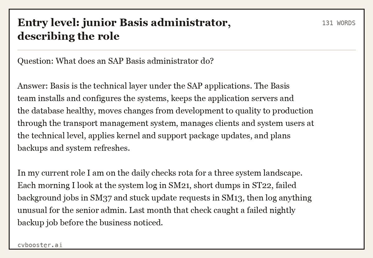 Complete Entry level: junior Basis administrator, describing the role example, 131 words, laid out as it would sit in the application form
