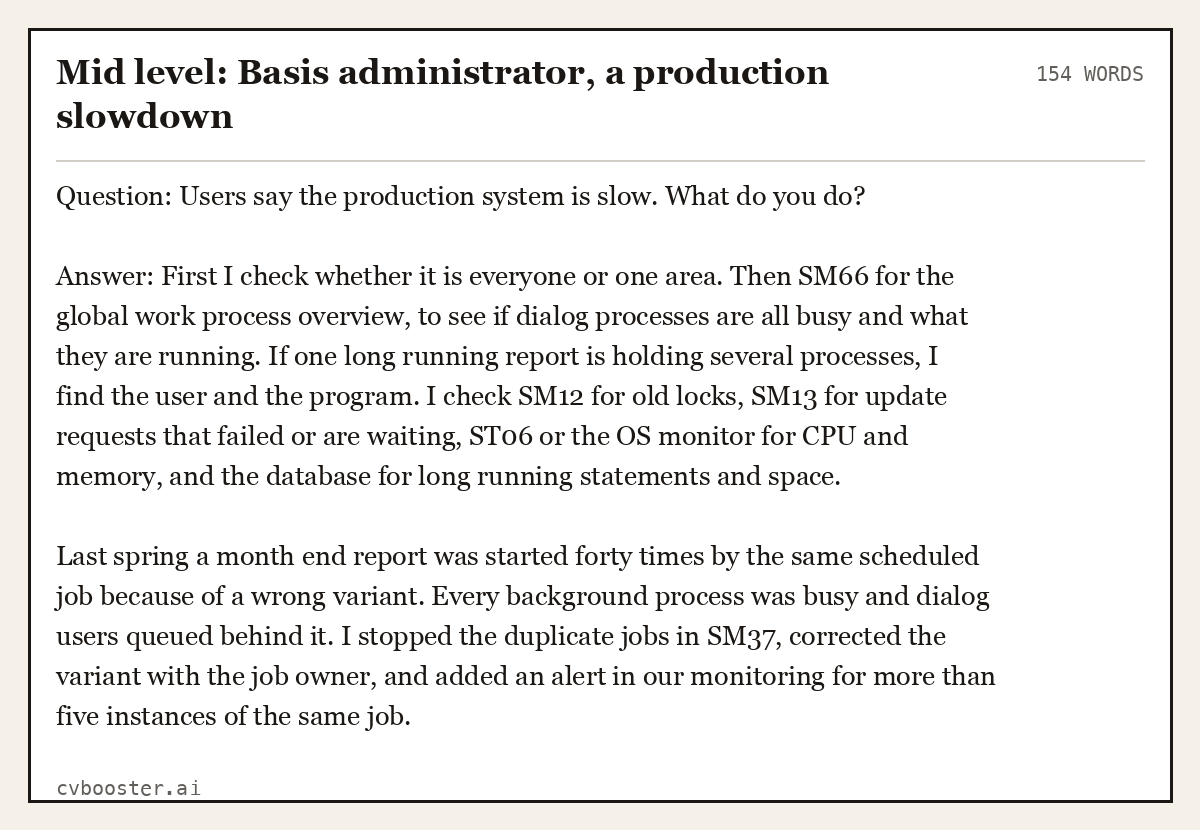 Complete Mid level: Basis administrator, a production slowdown example, 154 words, laid out as it would sit in the application form