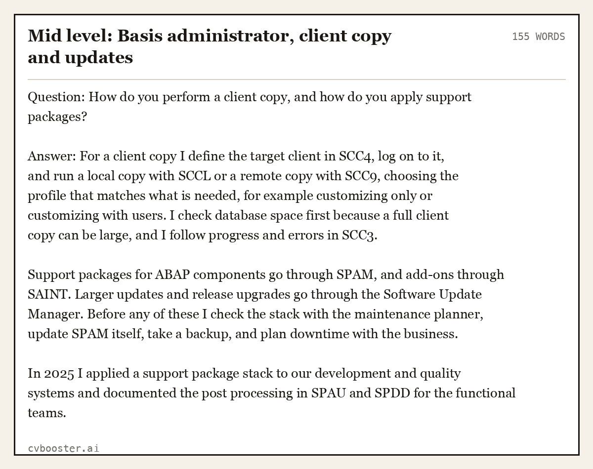 Complete Mid level: Basis administrator, client copy and updates example, 155 words, laid out as it would sit in the application form