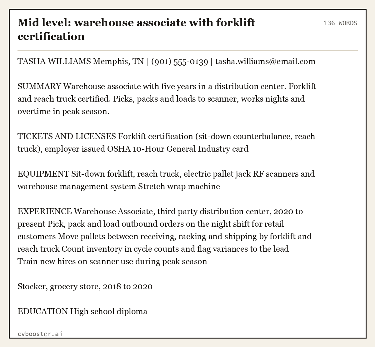 Complete Mid level: warehouse associate with forklift certification example, 136 words, laid out as it would sit in the application form