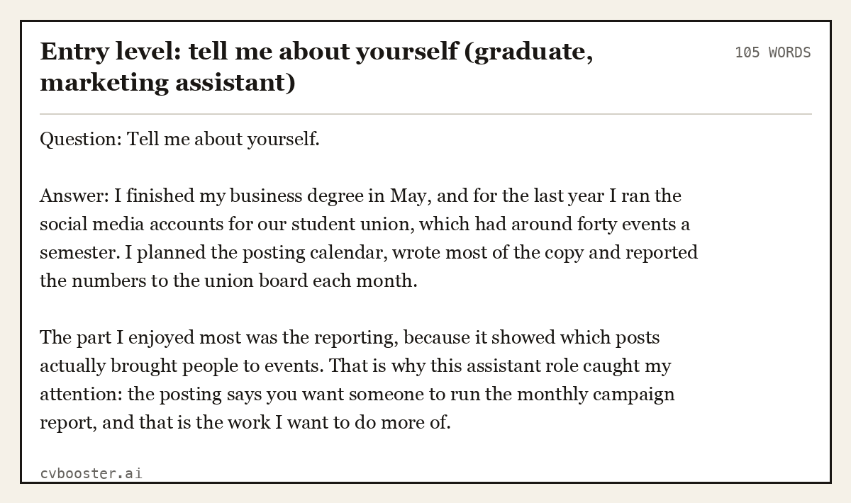Complete Entry level: tell me about yourself (graduate, marketing assistant) example, 105 words, laid out as it would sit in the application form
