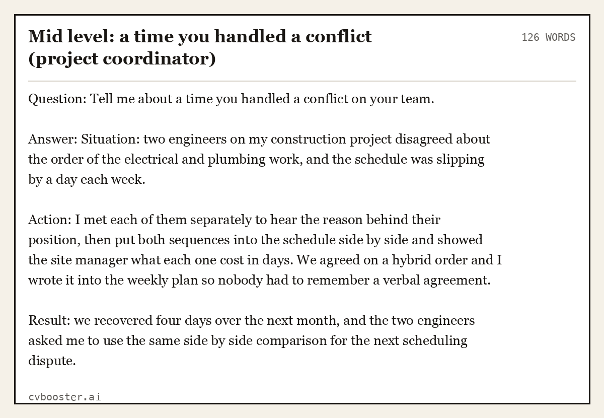 Complete Mid level: a time you handled a conflict (project coordinator) example, 126 words, laid out as it would sit in the application form