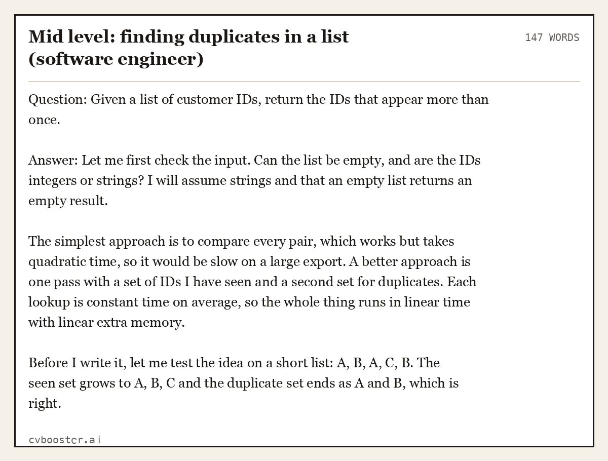 Complete Mid level: finding duplicates in a list (software engineer) example, 147 words, laid out as it would sit in the application form