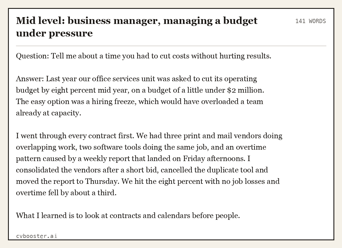Complete Mid level: business manager, managing a budget under pressure example, 141 words, laid out as it would sit in the application form