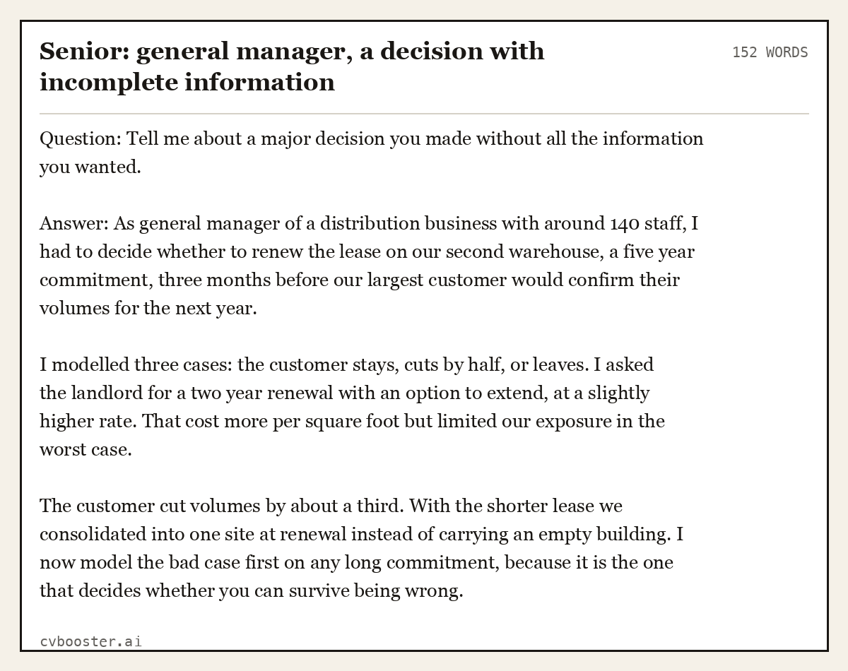 Complete Senior: general manager, a decision with incomplete information example, 152 words, laid out as it would sit in the application form