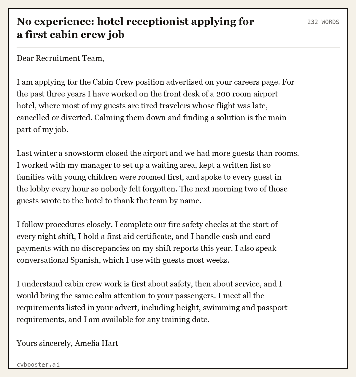 Complete No experience: hotel receptionist applying for a first cabin crew job example, 232 words, laid out as it would sit in the application form