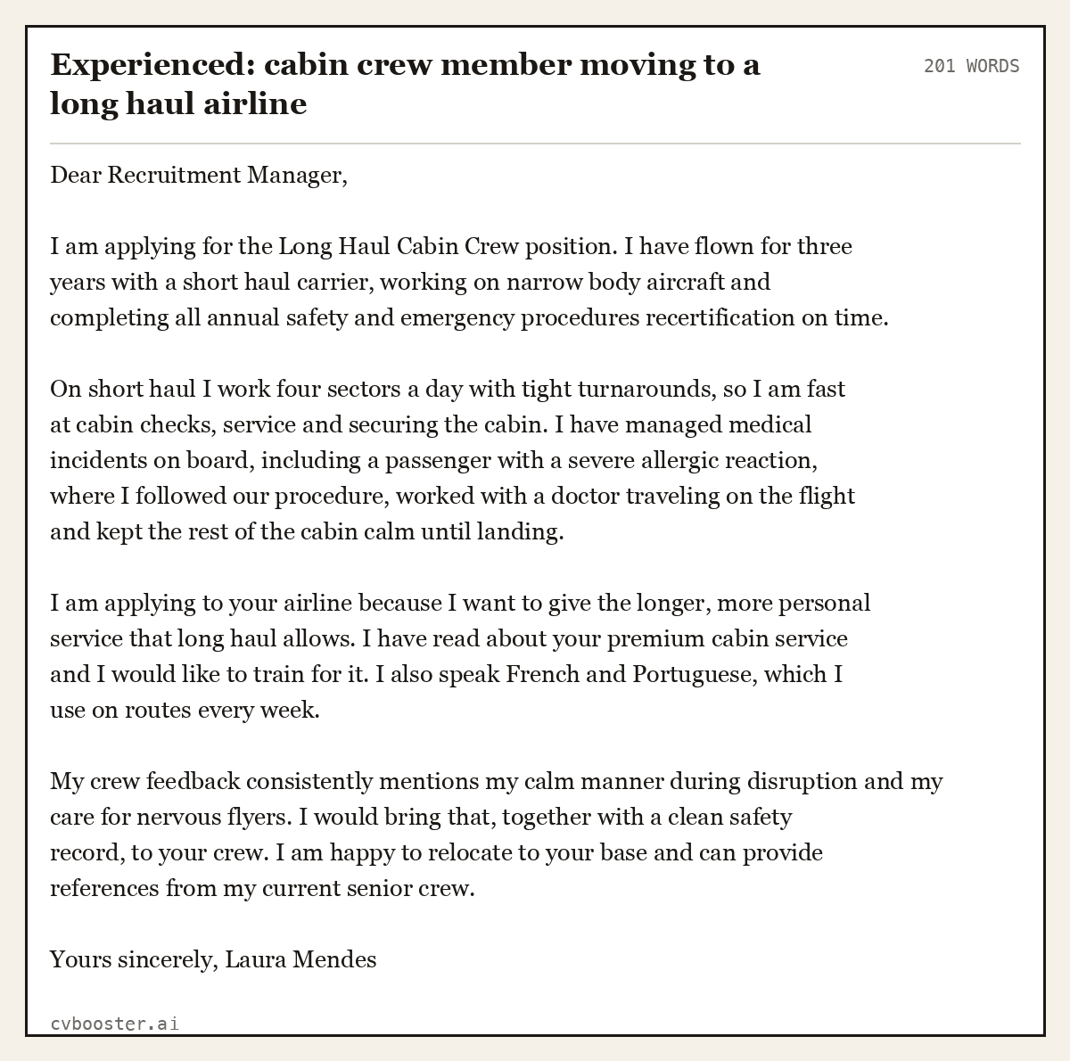Complete Experienced: cabin crew member moving to a long haul airline example, 201 words, laid out as it would sit in the application form