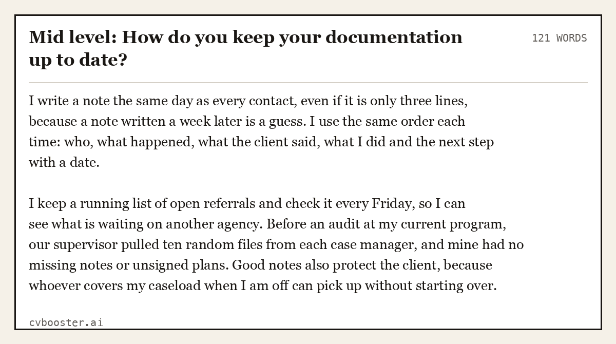 Complete Mid level: How do you keep your documentation up to date? example, 121 words, laid out as it would sit in the application form