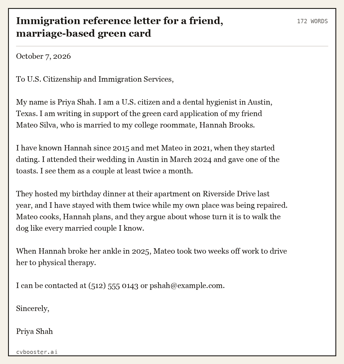 Complete Immigration reference letter for a friend, marriage-based green card example, 172 words, laid out as it would sit in the application form
