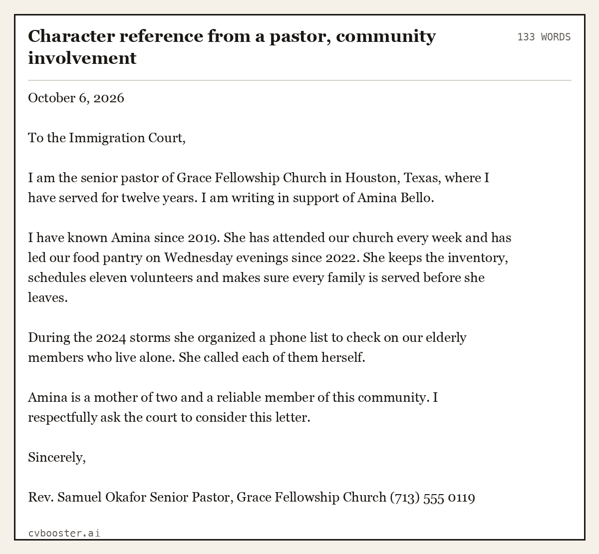 Complete Character reference from a pastor, community involvement example, 133 words, laid out as it would sit in the application form