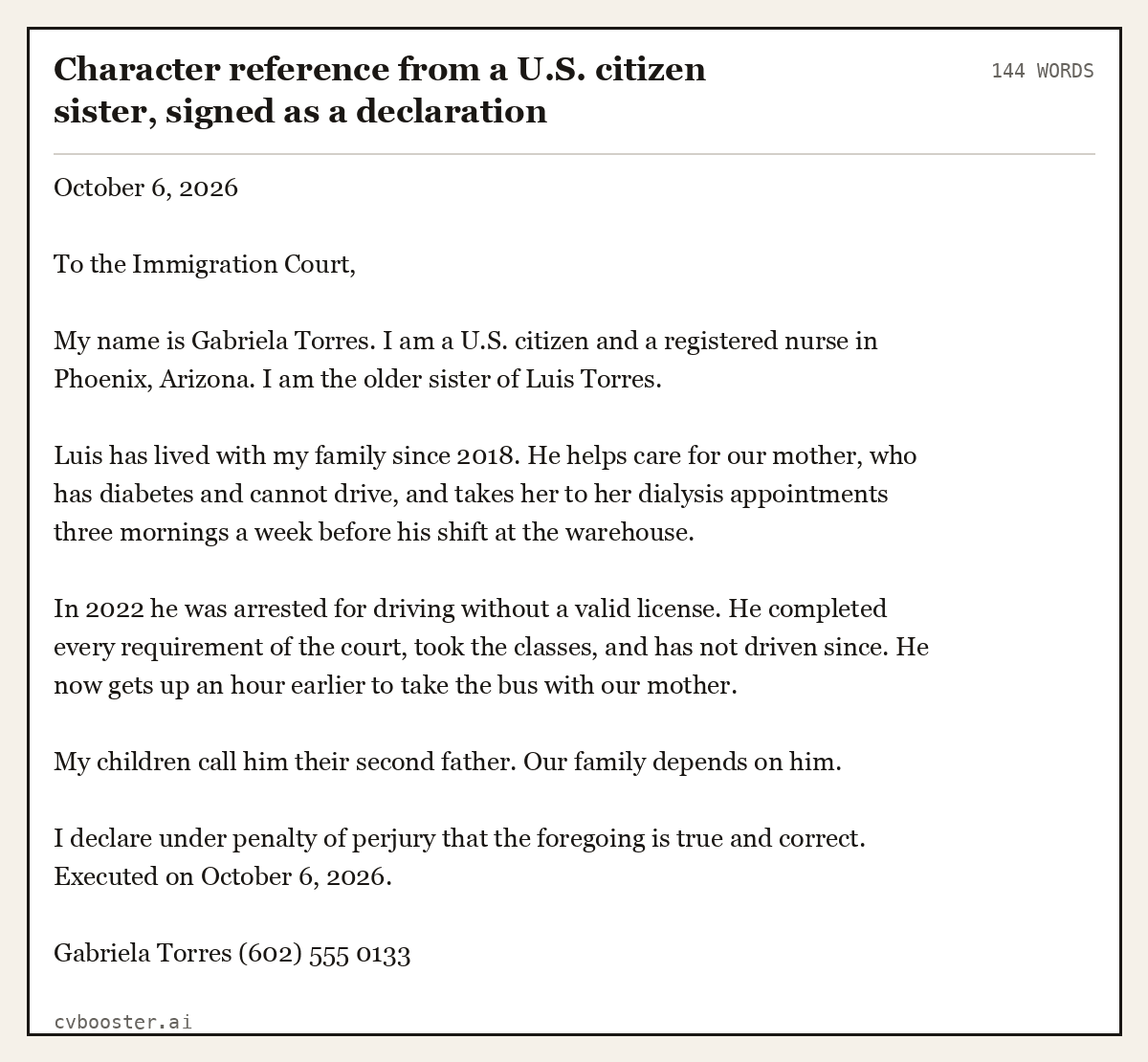 Complete Character reference from a U.S. citizen sister, signed as a declaration example, 144 words, laid out as it would sit in the application form