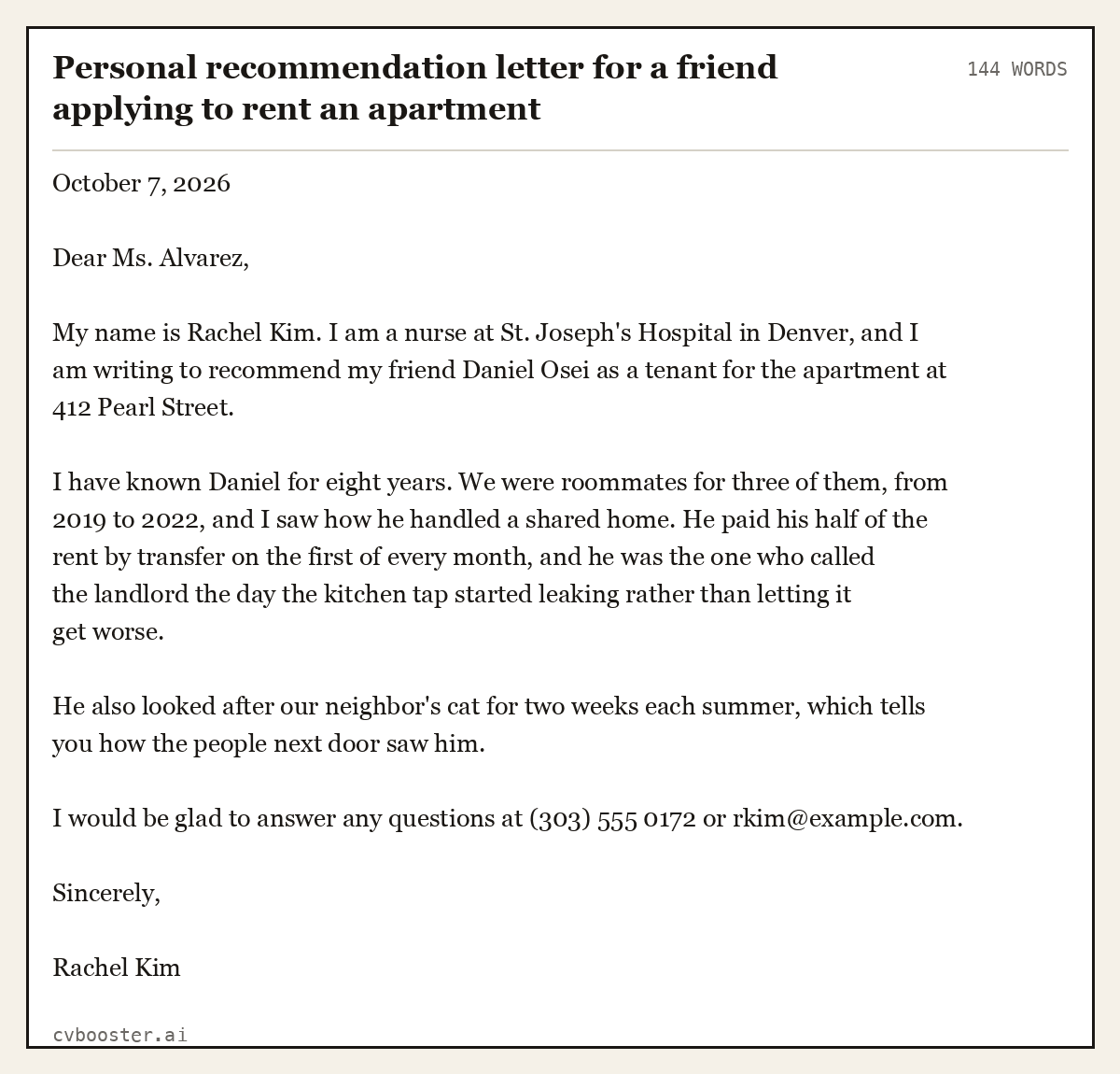 Complete Personal recommendation letter for a friend applying to rent an apartment example, 144 words, laid out as it would sit in the application form