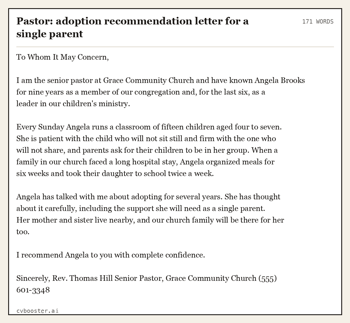 Complete Pastor: adoption recommendation letter for a single parent example, 171 words, laid out as it would sit in the application form