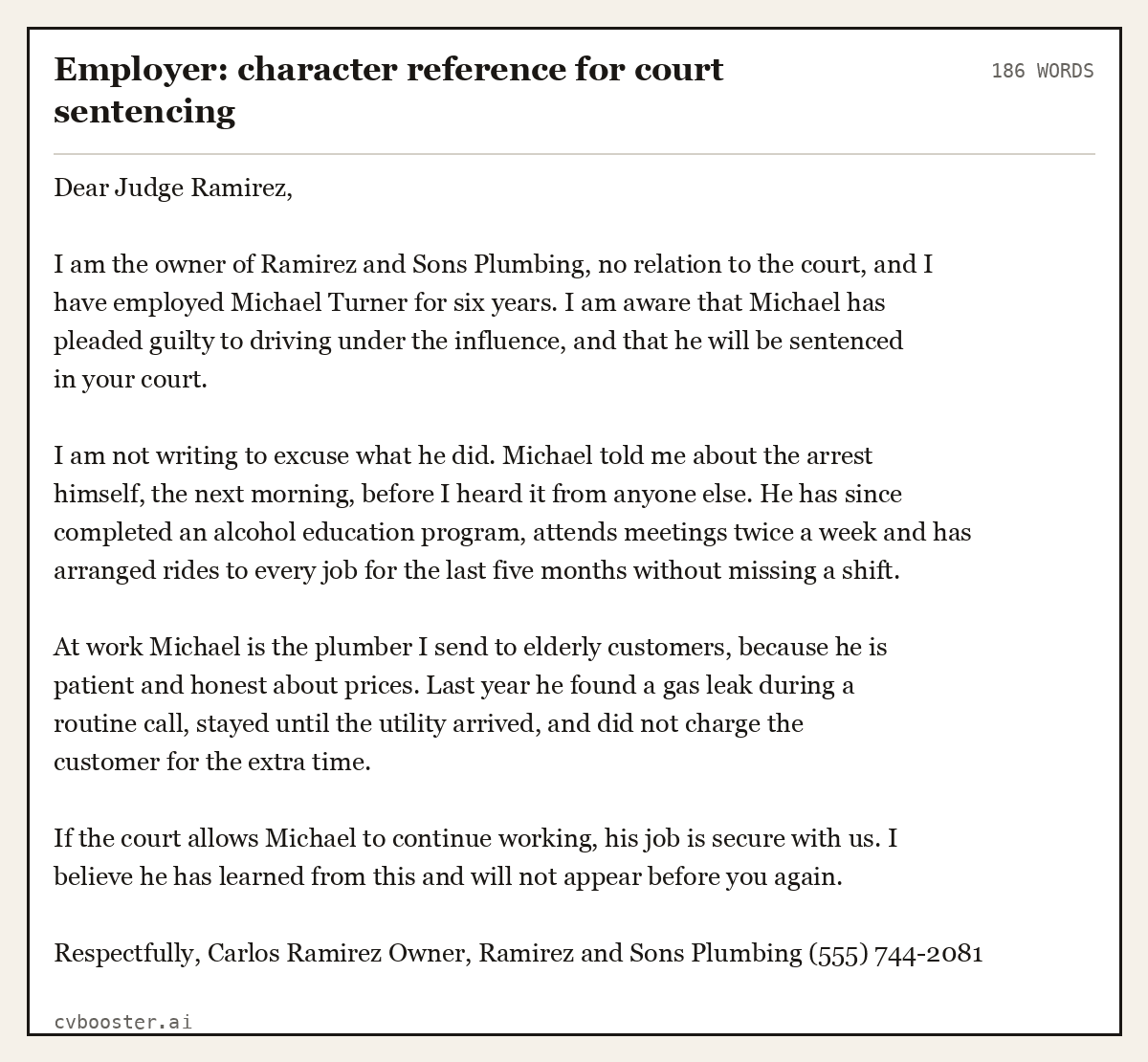 Complete Employer: character reference for court sentencing example, 186 words, laid out as it would sit in the application form