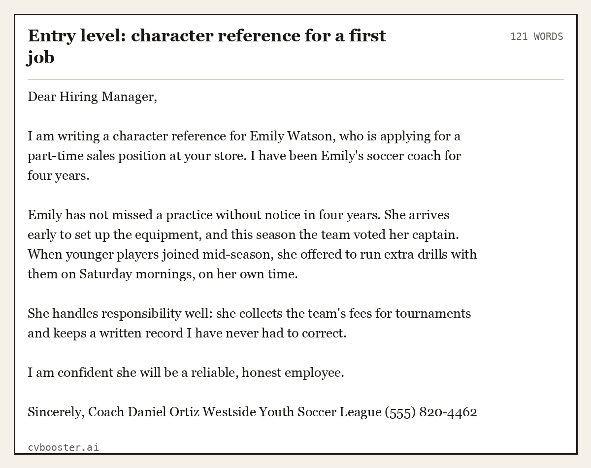 Complete Entry level: character reference for a first job example, 121 words, laid out as it would sit in the application form