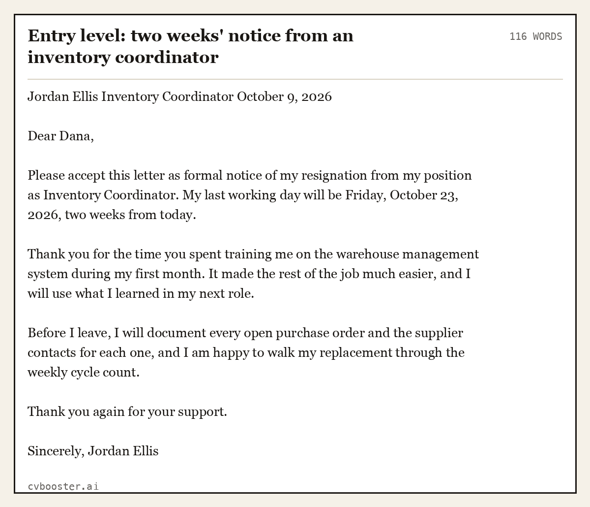 Complete Entry level: two weeks' notice from an inventory coordinator example, 116 words, laid out as it would sit in the application form
