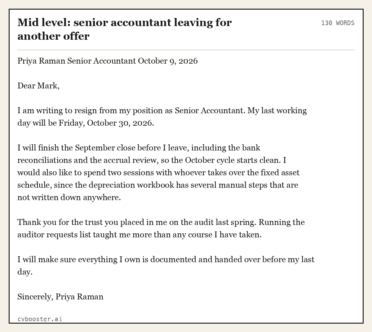 Complete Mid level: senior accountant leaving for another offer example, 130 words, laid out as it would sit in the application form