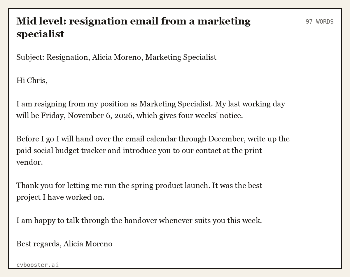 Complete Mid level: resignation email from a marketing specialist example, 97 words, laid out as it would sit in the application form