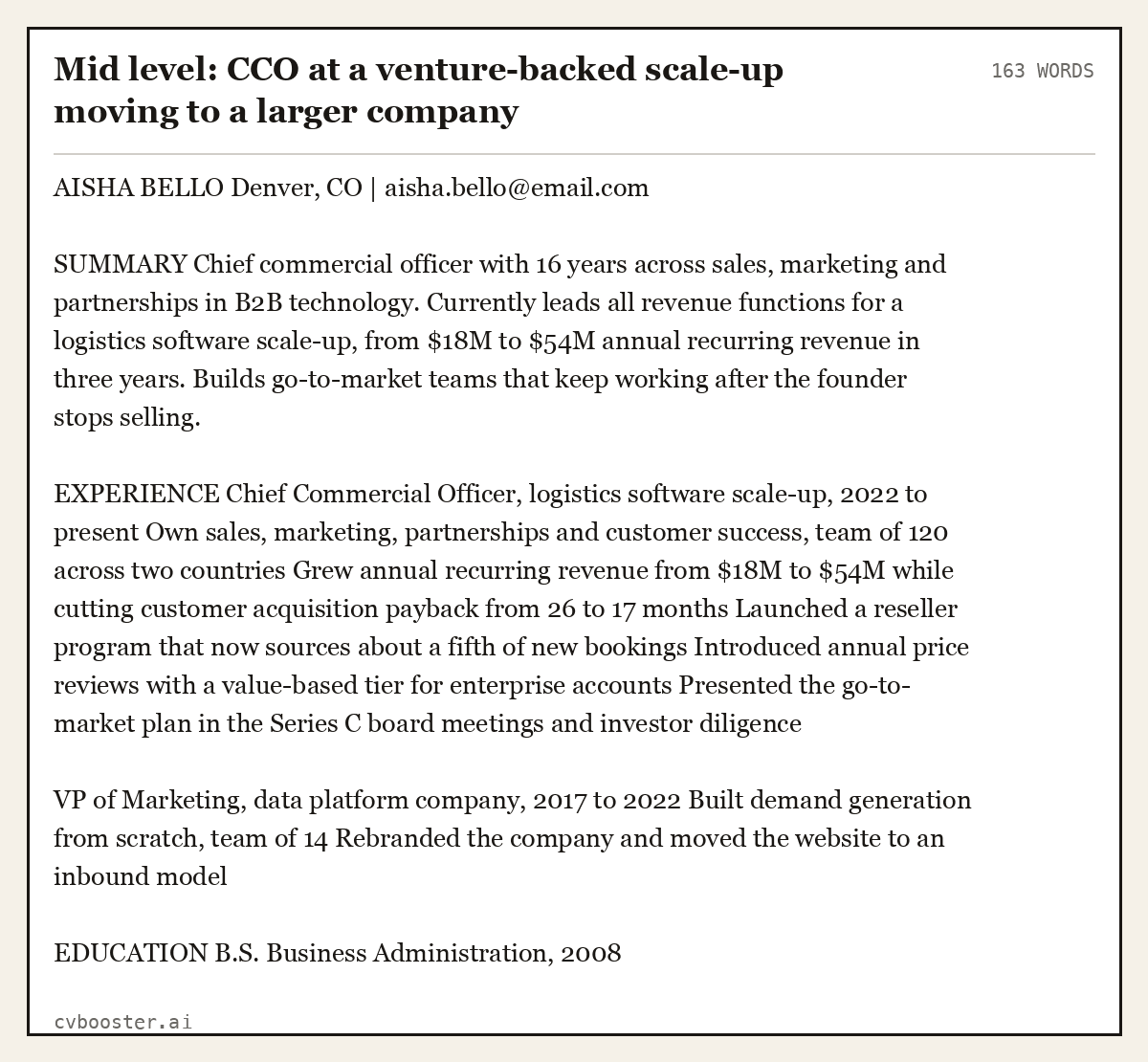 Complete Mid level: CCO at a venture-backed scale-up moving to a larger company example, 163 words, laid out as it would sit in the application form